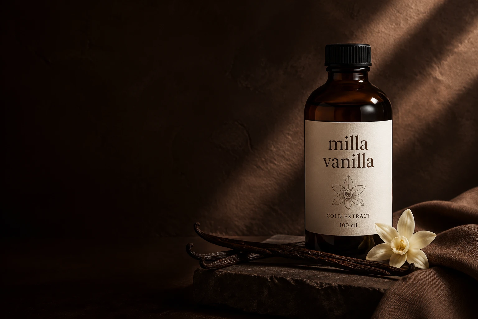 Milla Vanilla amber 100 ml bottle with an ivory botanical label, vanilla pods and a vanilla orchid